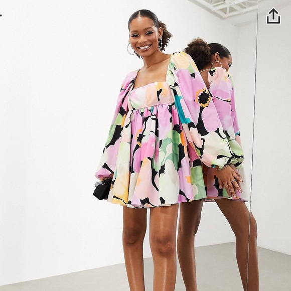 ASOS long sleeve babydoll mini dress in art house pink floral print - Picture 1 of 6